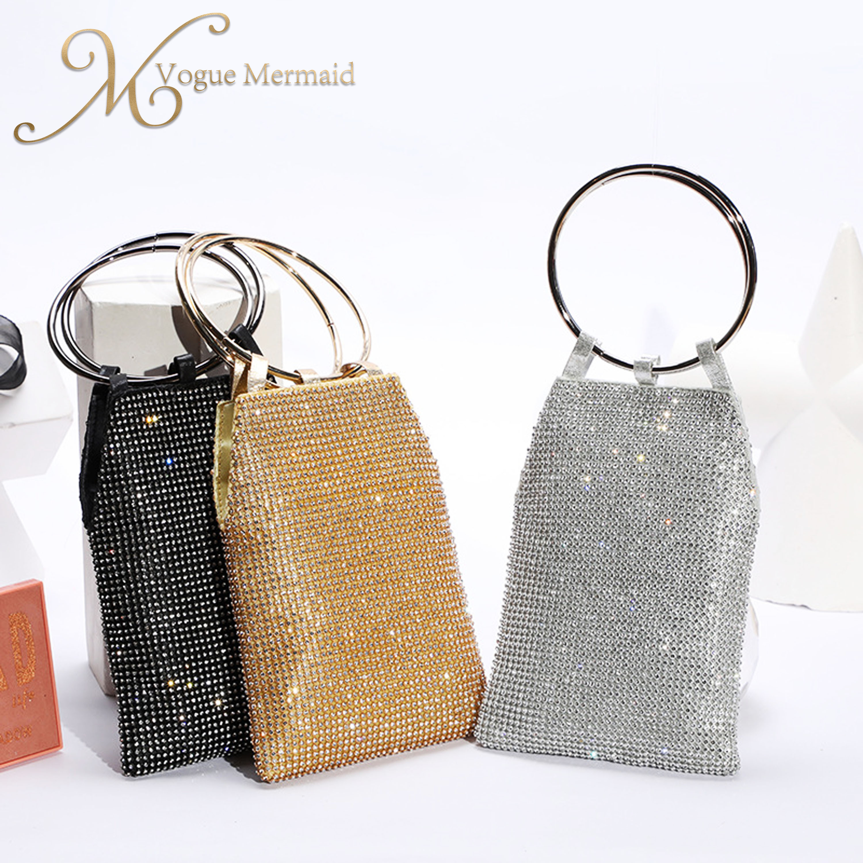 Wholesale Shiny Ring Handle Rhinestone Evening Bag